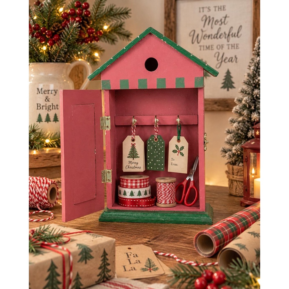 Vintage Christmas Snowman Wooden Key Cabinet Wall Holder House 3 Hooks 12"